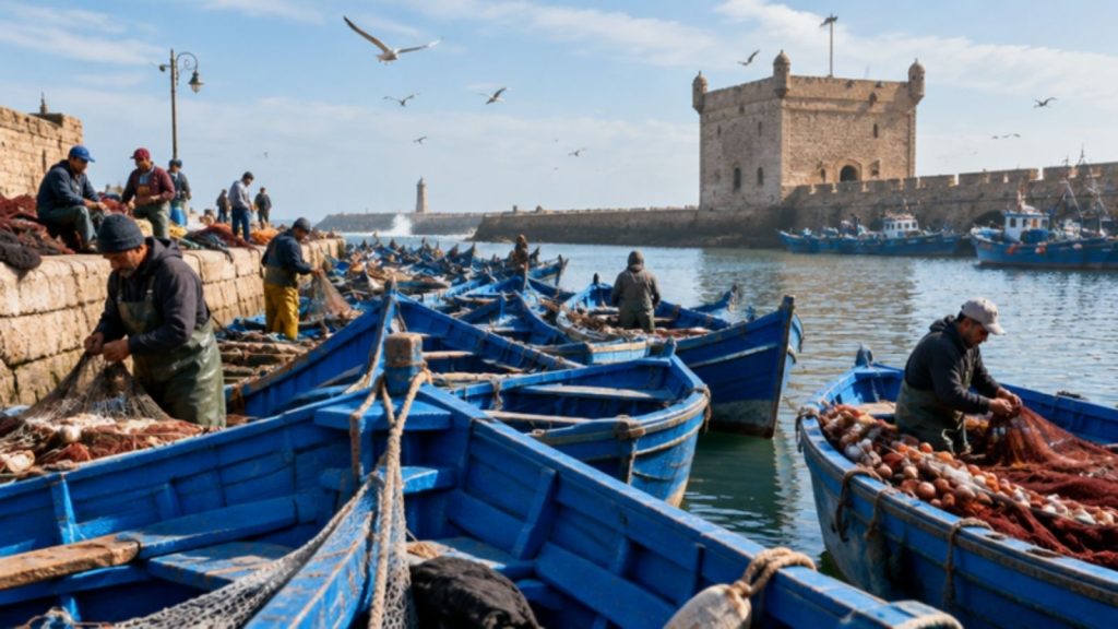 Blue fishing boats in Essaouira port
